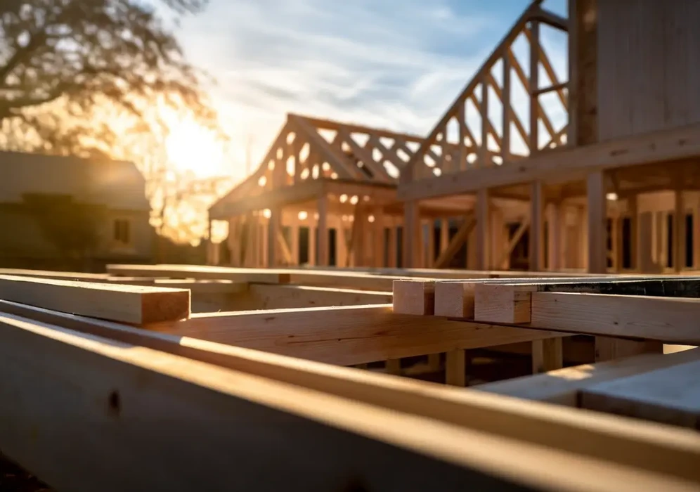 Chantier de construction résidentielle avec charpente bois en cours d'assemblage