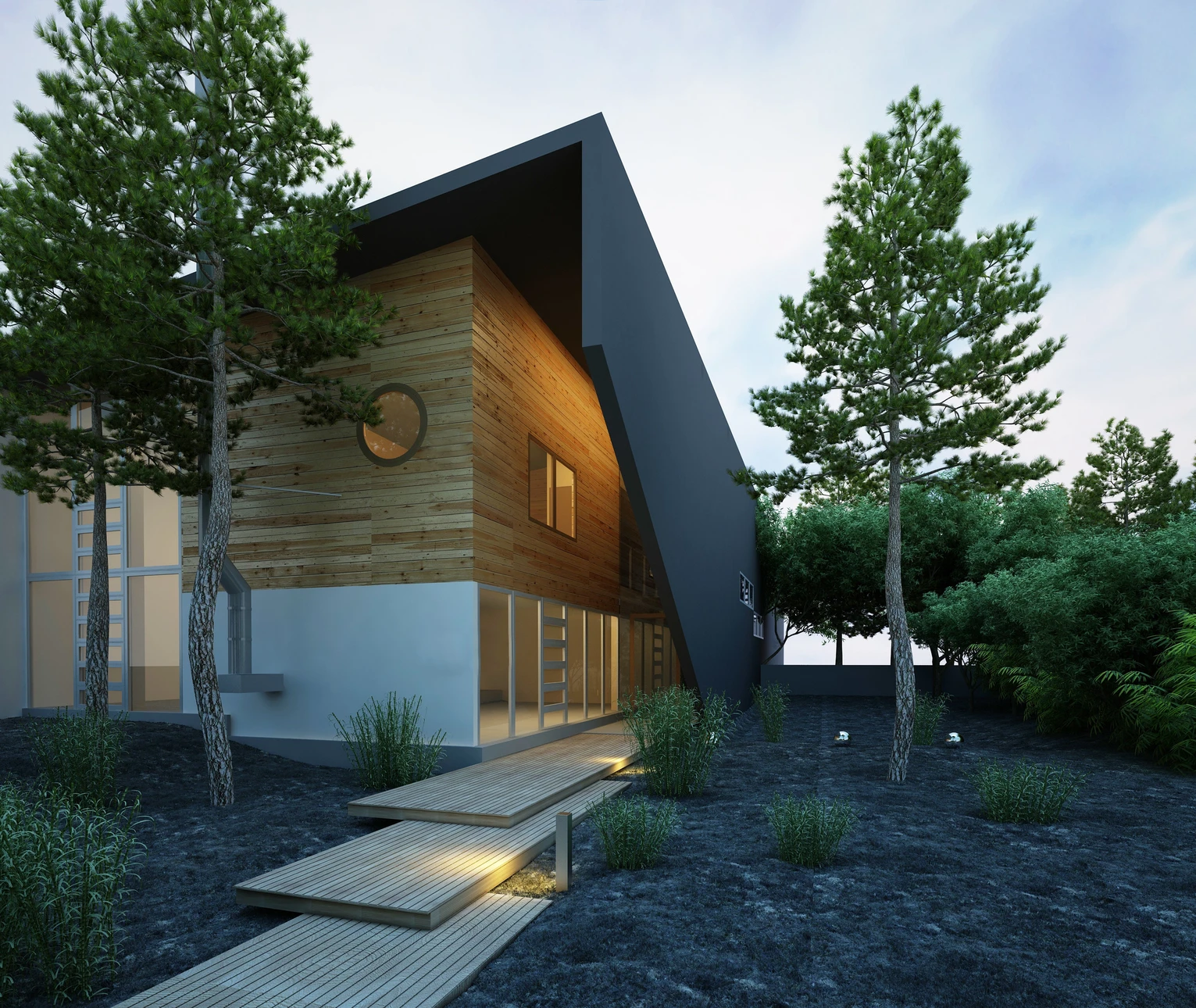 Maison contemporaine écologique avec façade en bardage bois naturel située dans paysage rural verdoyant